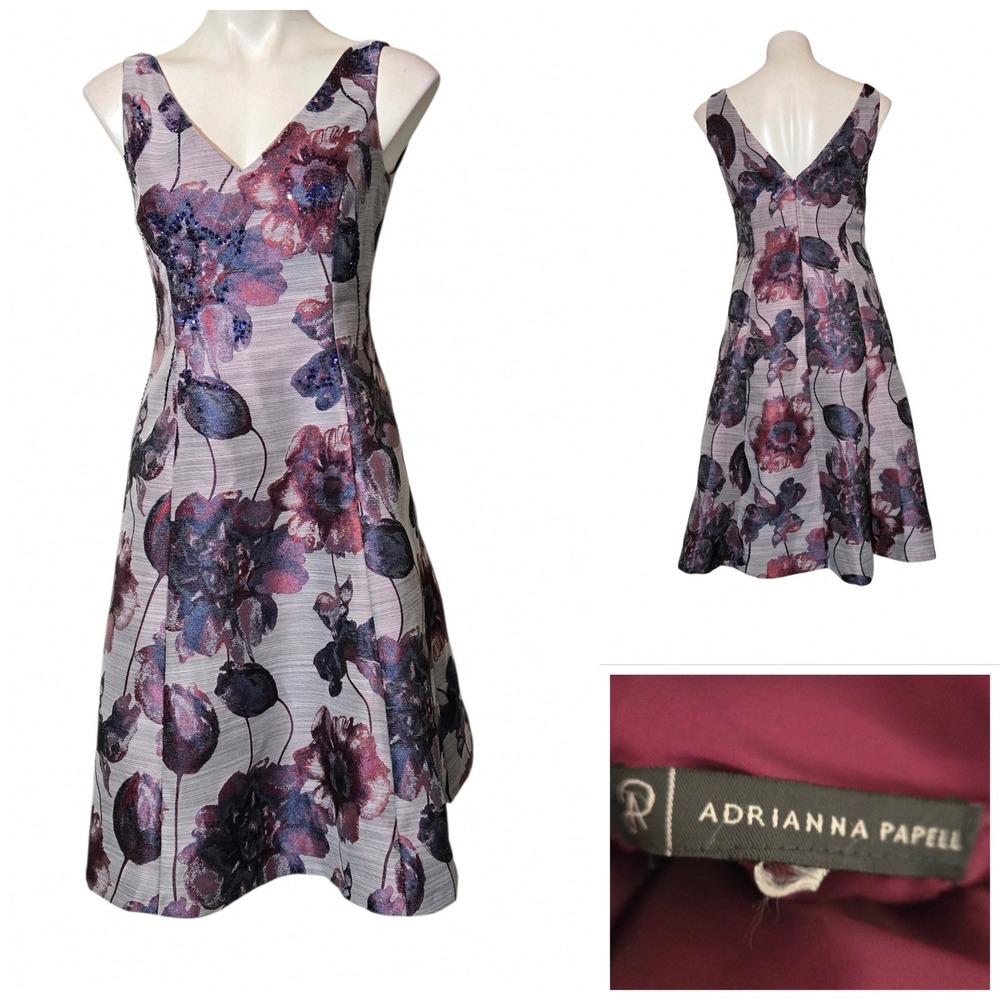 Adrianna Papell Floral Jacquard Sequin V-Neck Fit Flare Dress Purple